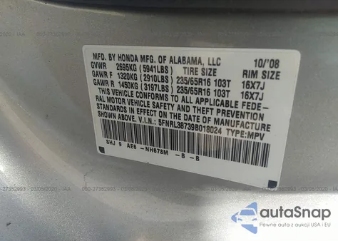 2009 Honda Odyssey Ex-L z USA, uszkodzony, nr VIN 5FNRL38739B018024